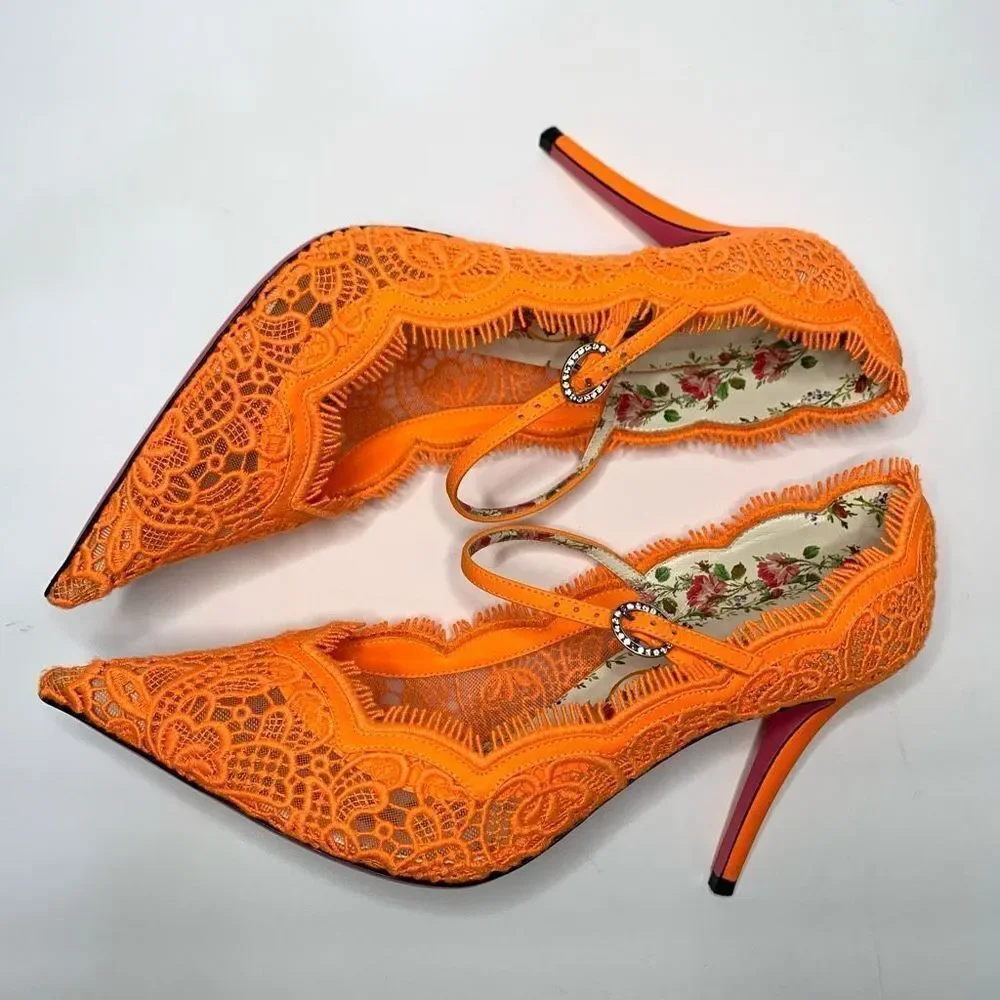 Gucci Virginia Lace Pumps Neon Orange EU 40 US 10 Mary Jane Lace Heels - Picture 8 of 11